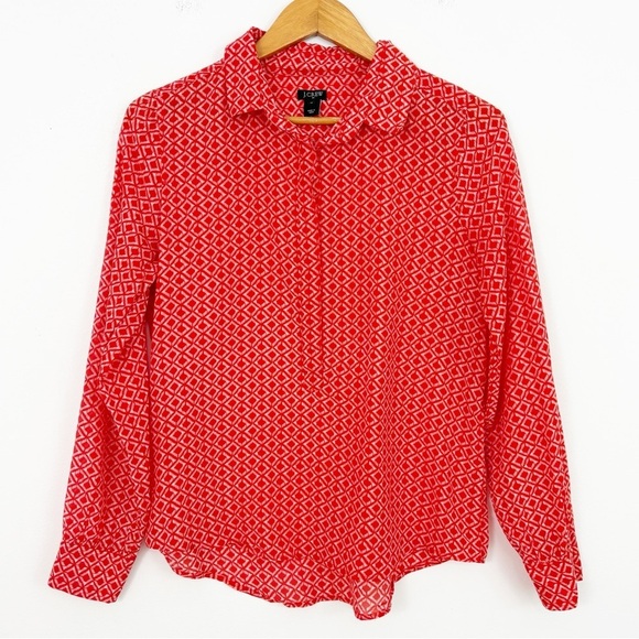 J. Crew Tops - J. Crew Cotton Silk Geometric Printed Orange Popover Button Down Shirt Size M